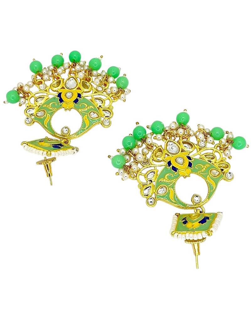 Gold plated kundan mint green meenakari chandbali earrings