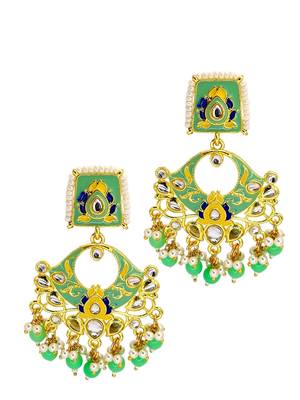 Gold plated kundan mint green meenakari chandbali earrings 4