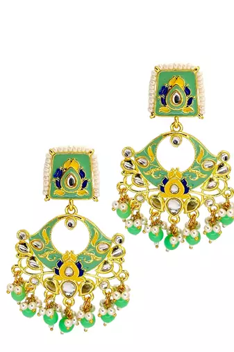 Gold plated kundan mint green meenakari chandbali earrings
