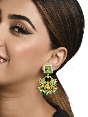 Gold plated kundan mint green meenakari chandbali earrings 5