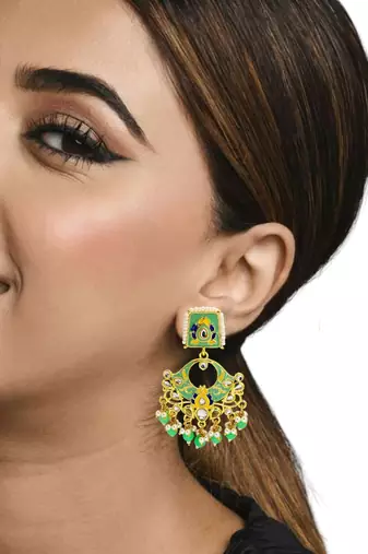 Gold plated kundan mint green meenakari chandbali earrings