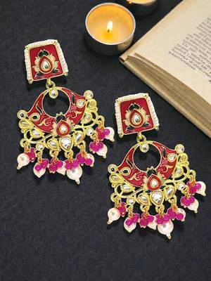 Gold plated kundan magenta meenakari chandbali earrings 1
