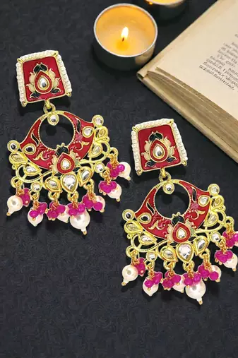 Gold plated kundan magenta meenakari chandbali earrings