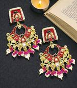 Gold plated kundan magenta meenakari chandbali earrings