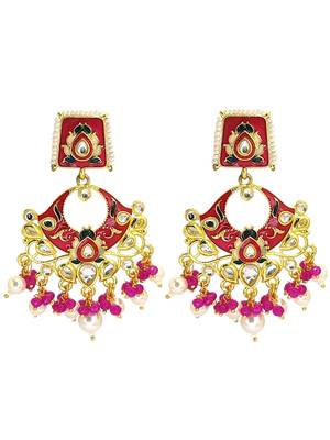 Gold plated kundan magenta meenakari chandbali earrings 2