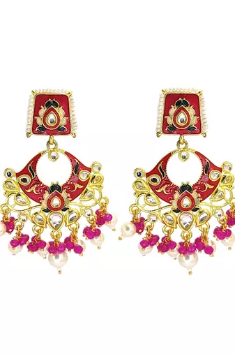 Gold plated kundan magenta meenakari chandbali earrings