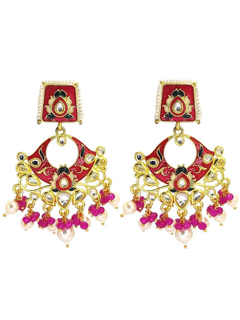 Gold plated kundan magenta meenakari chandbali earrings