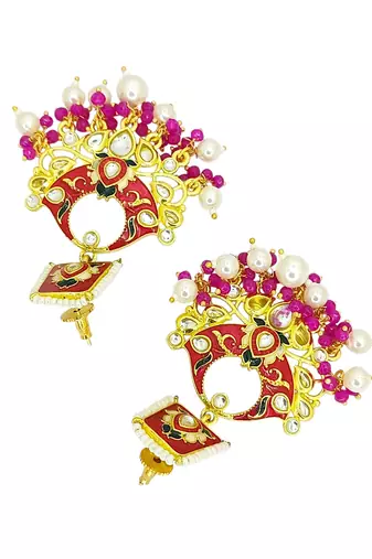 Gold plated kundan magenta meenakari chandbali earrings