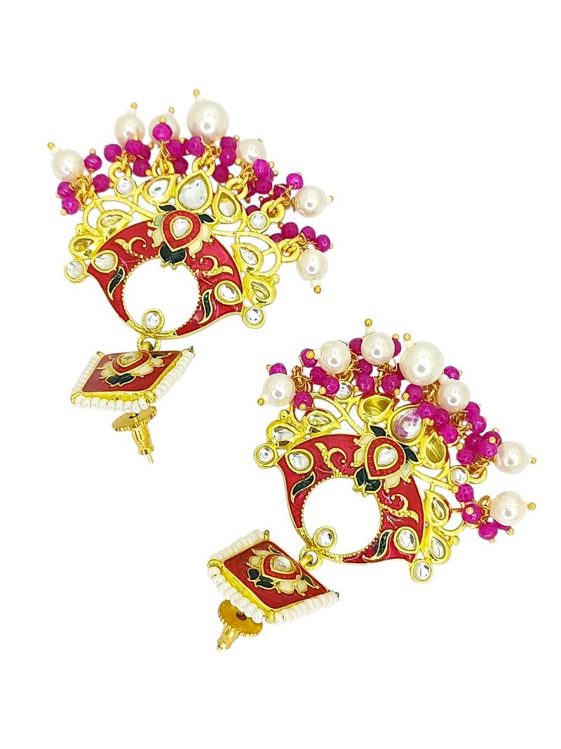 Gold plated kundan magenta meenakari chandbali earrings