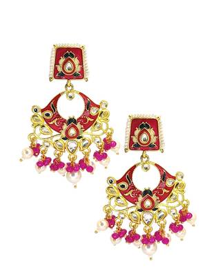 Gold plated kundan magenta meenakari chandbali earrings 4