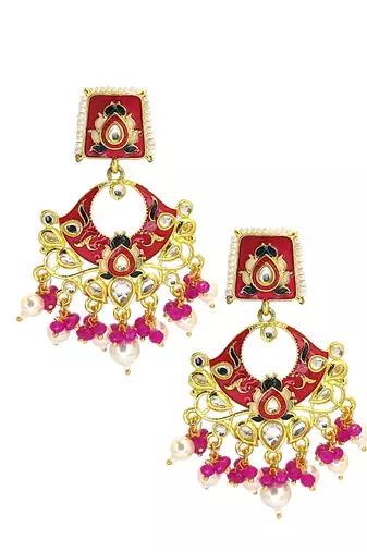 Gold plated kundan magenta meenakari chandbali earrings