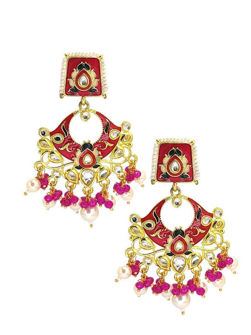 Gold plated kundan magenta meenakari chandbali earrings