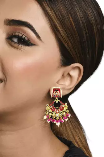 Gold plated kundan magenta meenakari chandbali earrings