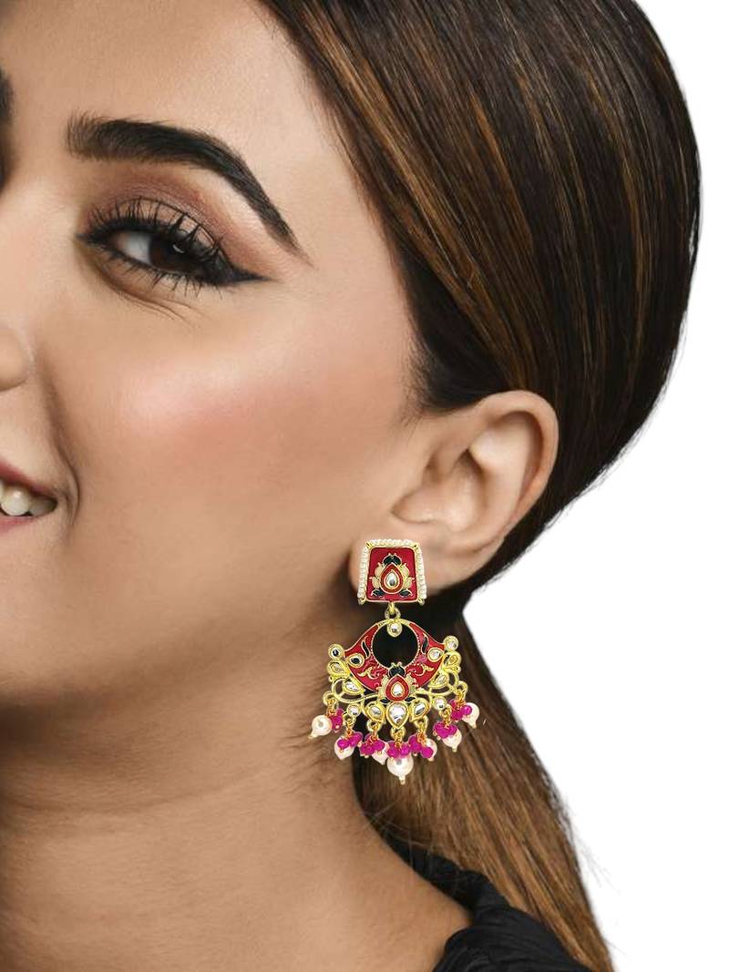Gold plated kundan magenta meenakari chandbali earrings