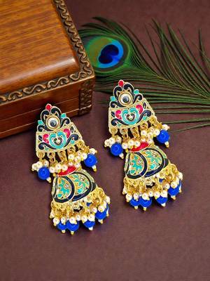 Gold plated kundan meenakari blue jhumka earrings 1