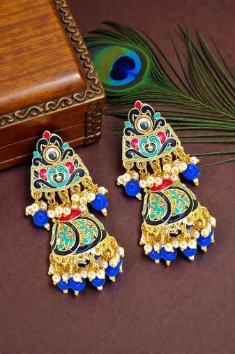 Gold plated kundan meenakari blue jhumka earrings