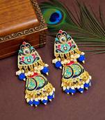 Gold plated kundan meenakari blue jhumka earrings