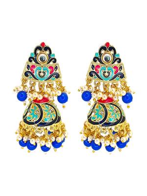 Gold plated kundan meenakari blue jhumka earrings 2