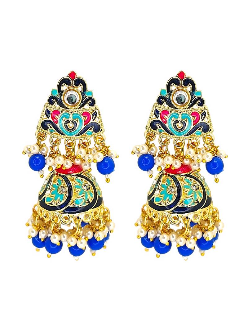 Gold plated kundan meenakari blue jhumka earrings