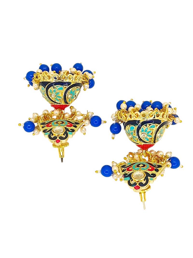 Gold plated kundan meenakari blue jhumka earrings