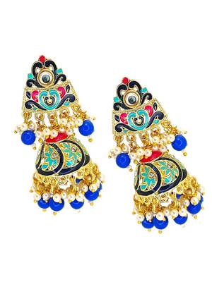 Gold plated kundan meenakari blue jhumka earrings 4