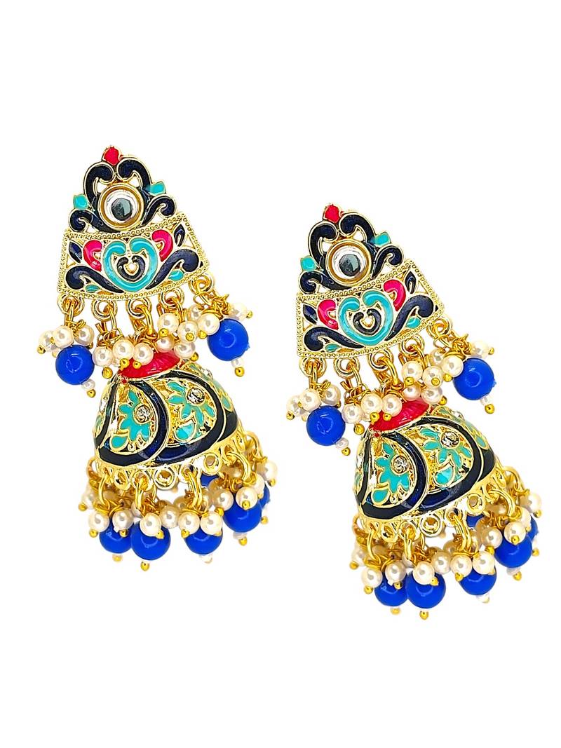 Gold plated kundan meenakari blue jhumka earrings