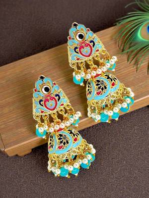 Gold plated kundan  meenakari turquoise jhumka earrings 1