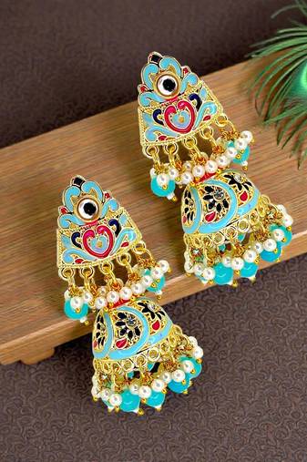 Gold plated kundan  meenakari turquoise jhumka earrings