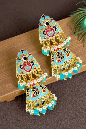 Gold plated kundan  meenakari turquoise jhumka earrings