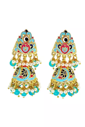 Gold plated kundan  meenakari turquoise jhumka earrings