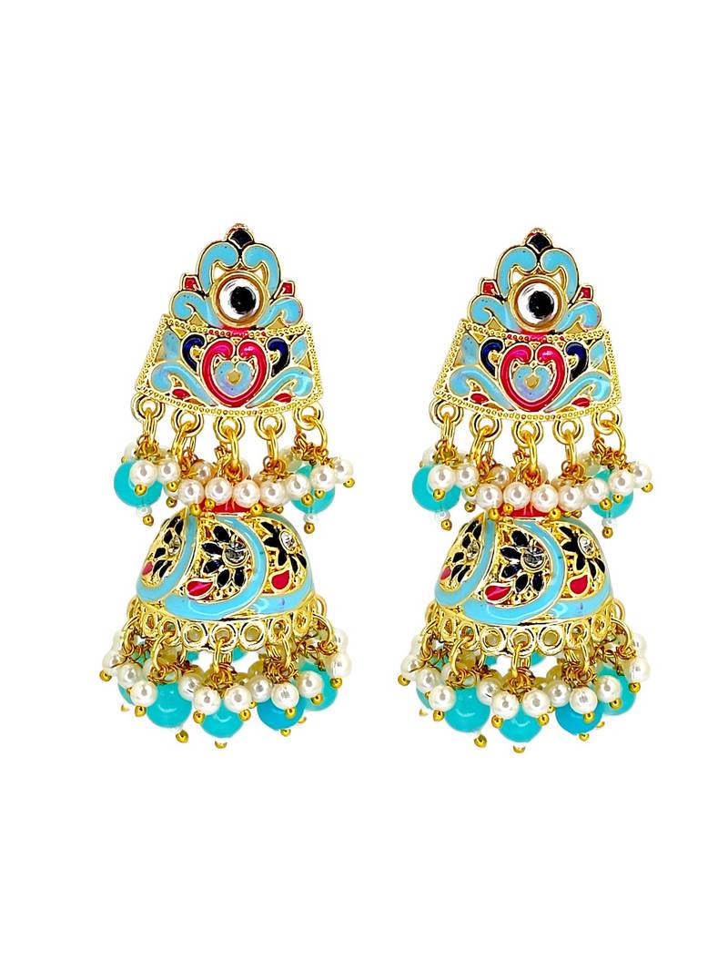 Gold plated kundan  meenakari turquoise jhumka earrings