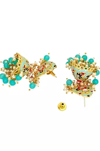 Gold plated kundan  meenakari turquoise jhumka earrings