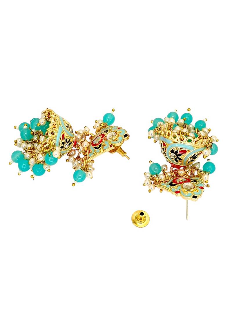 Gold plated kundan  meenakari turquoise jhumka earrings