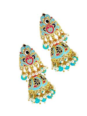 Gold plated kundan  meenakari turquoise jhumka earrings 4