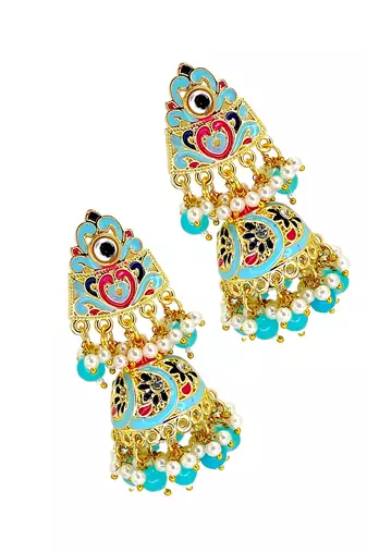 Gold plated kundan  meenakari turquoise jhumka earrings