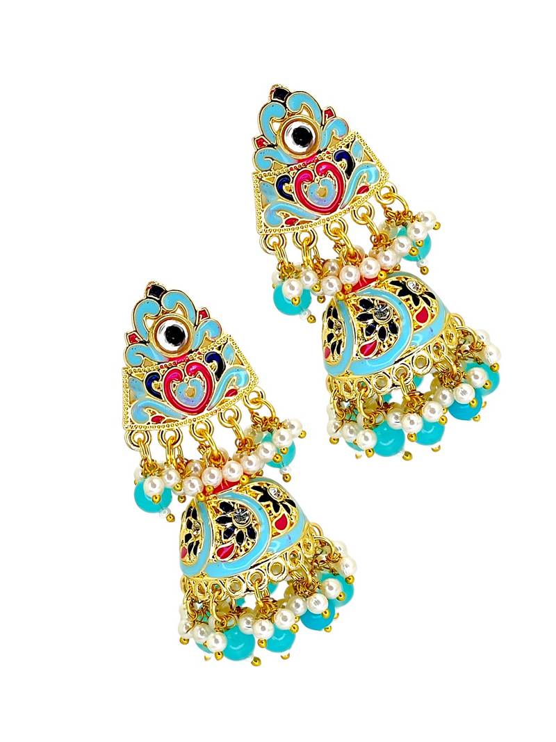 Gold plated kundan  meenakari turquoise jhumka earrings