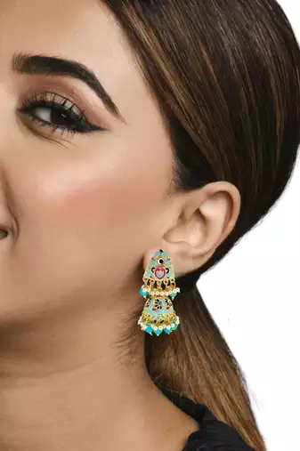 Gold plated kundan  meenakari turquoise jhumka earrings