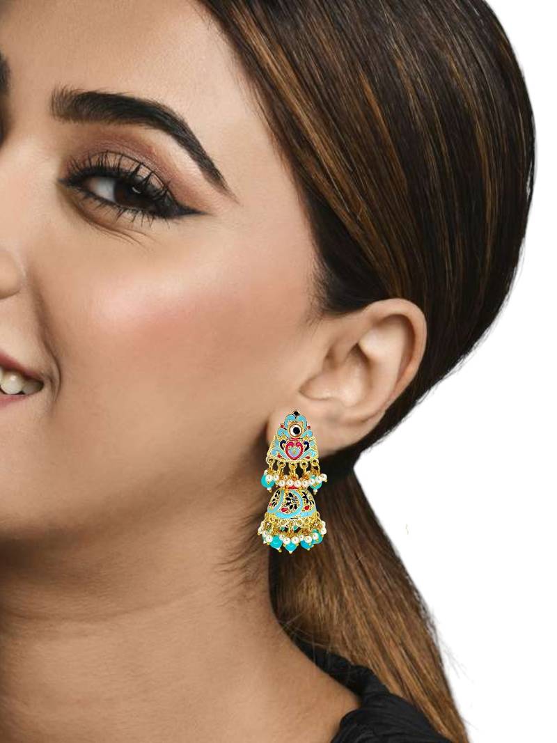 Gold plated kundan  meenakari turquoise jhumka earrings