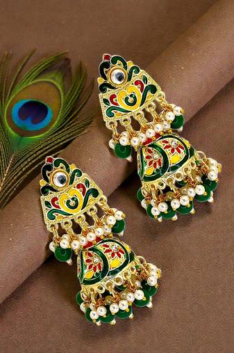 Gold plated kundan meenakari green jhumka earrings