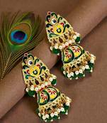 Gold plated kundan meenakari green jhumka earrings