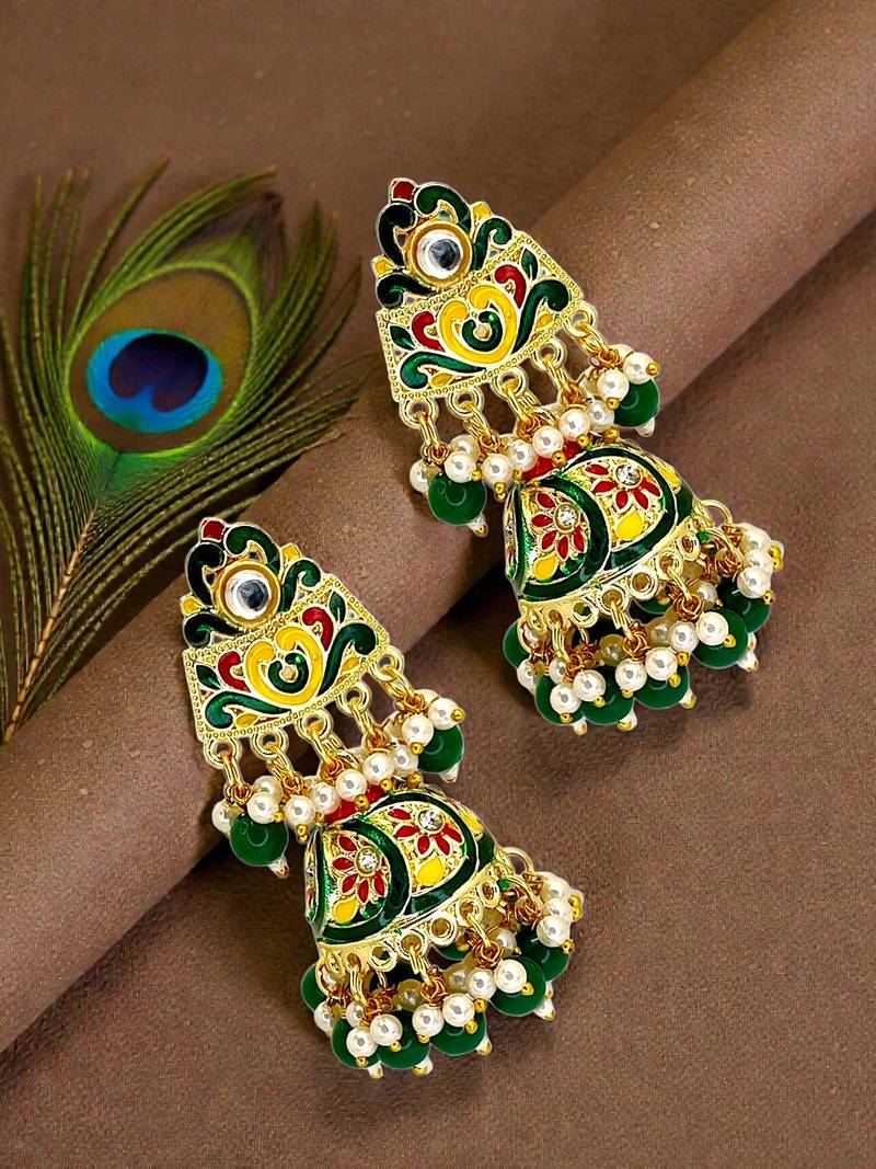 Gold plated kundan meenakari green jhumka earrings