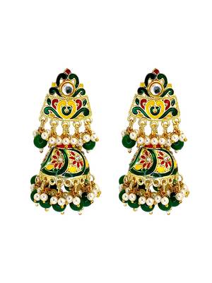 Gold plated kundan meenakari green jhumka earrings 2