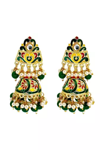 Gold plated kundan meenakari green jhumka earrings