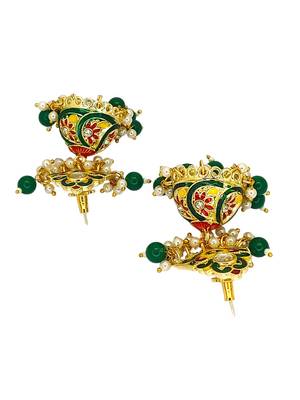 Gold plated kundan meenakari green jhumka earrings 3