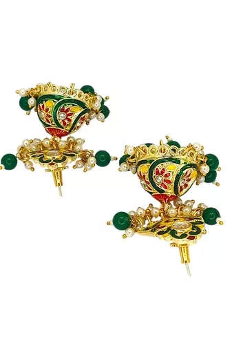 Gold plated kundan meenakari green jhumka earrings