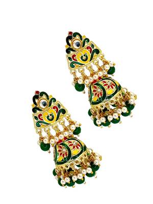 Gold plated kundan meenakari green jhumka earrings 4