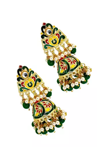 Gold plated kundan meenakari green jhumka earrings