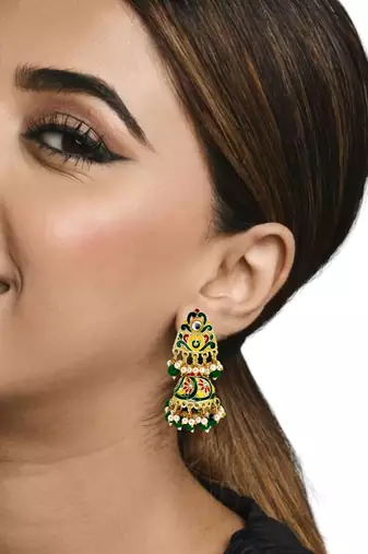 Gold plated kundan meenakari green jhumka earrings