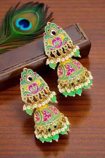 Gold plated kundan meenakari lime green jhumka earrings
