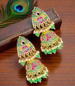 Gold plated kundan meenakari lime green jhumka earrings